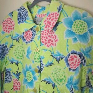 Analogy Jacket Womens Large Green Blue Pink Floral Lined Button Front Collared